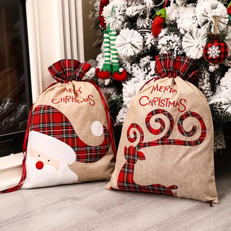 Christmas Embroidered Red Plaid Reindeer Drawstring Santa Sacks