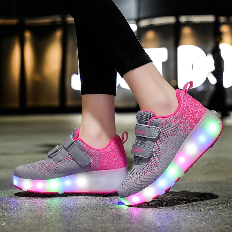 Two Wheels Retractable Roller Skate Shoes For Kids Light Up Fitness Sneakers