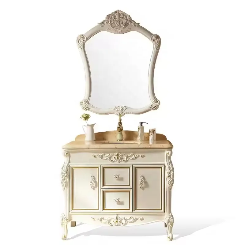 French style vertical Floor Mounted bathroom cabinet White design mdf bathroom vanity  with sink