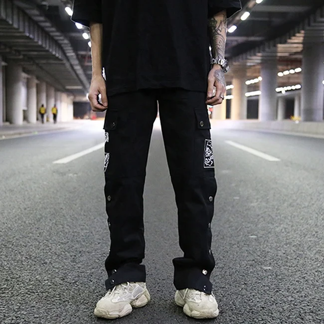 OEM vintage side button loose straight embroidery cargo pants couple hiphop casual trousers stretch waist side pocket work wear