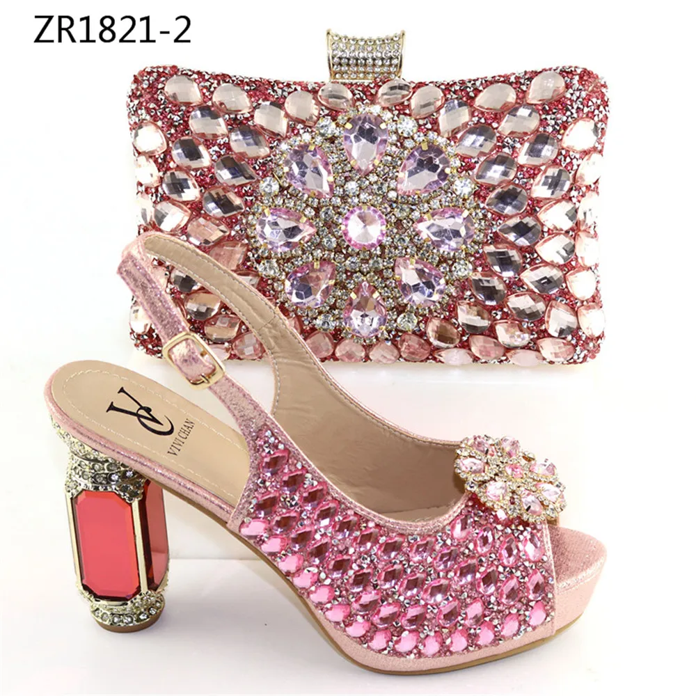 ZR1821 the latest fashion high heel crystal shoe matching bag african lady shoe set