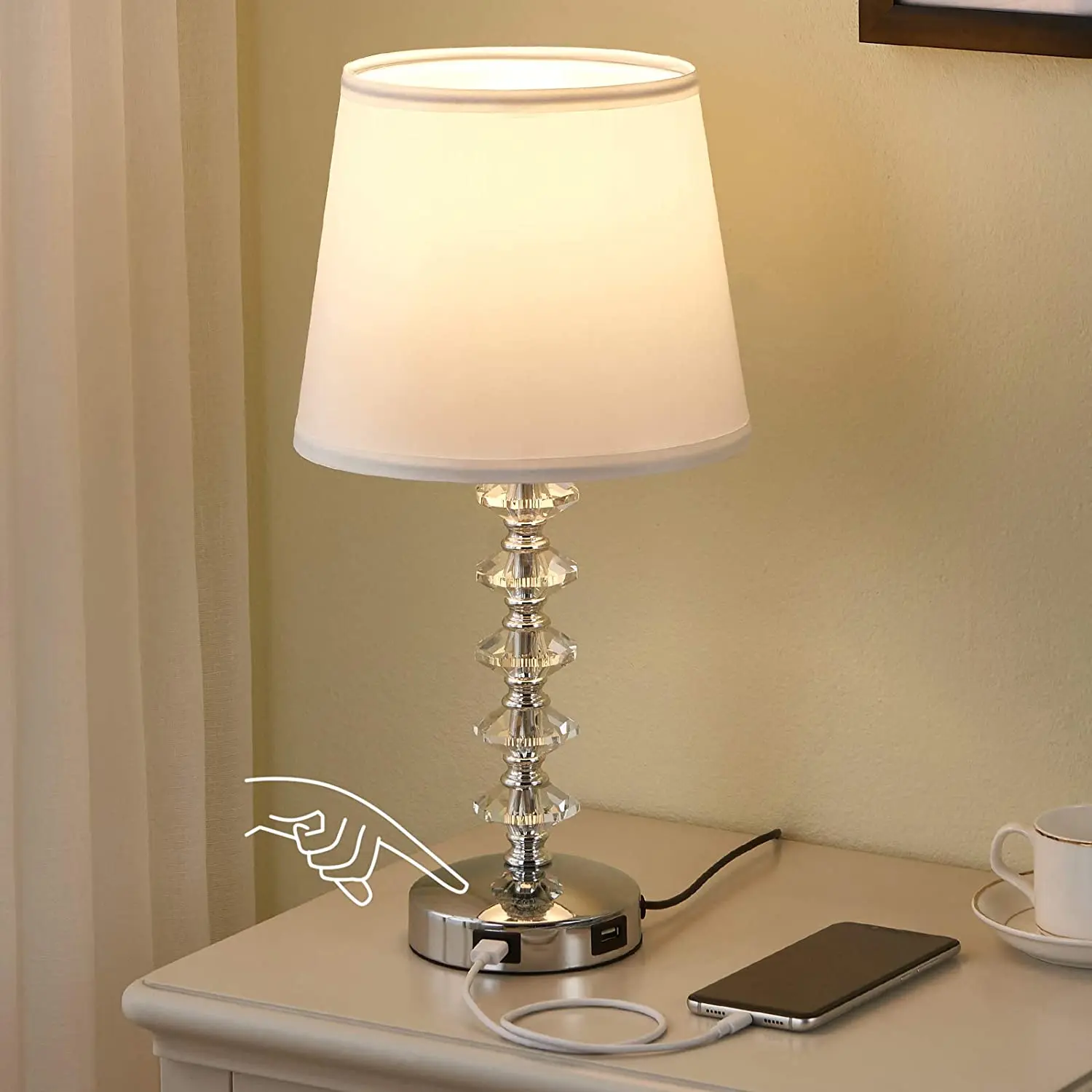 Touch Crystal Lamp for Bedroom with USB Ports White USB Bedside Table Lamp Nightstand Lamps