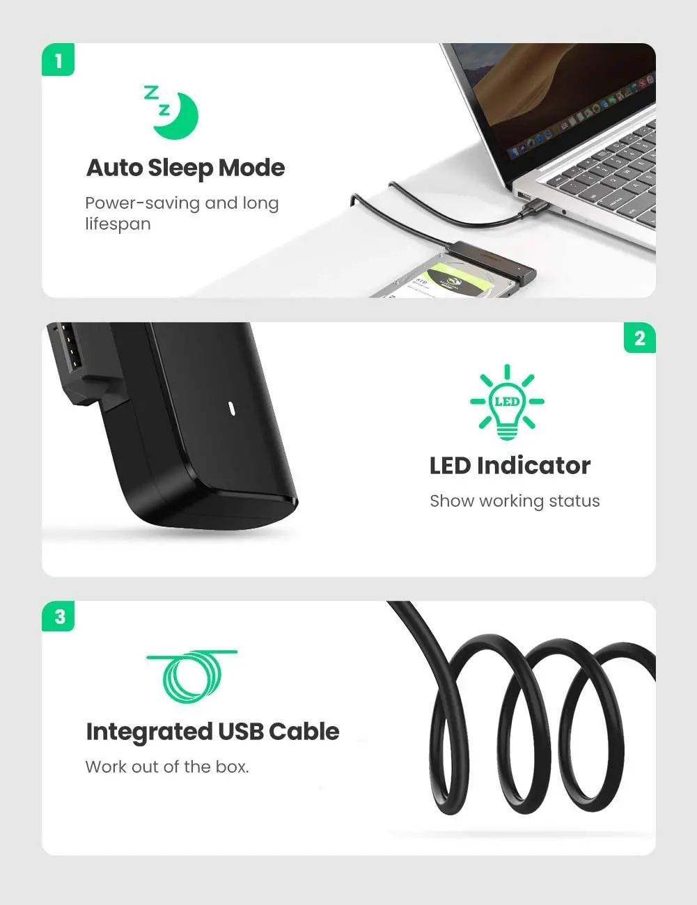 Кабель-адаптер UGREEN SATA-USB 3 0 для жестких дисков 2 5 дюйма Гбит/с поддержка SATA