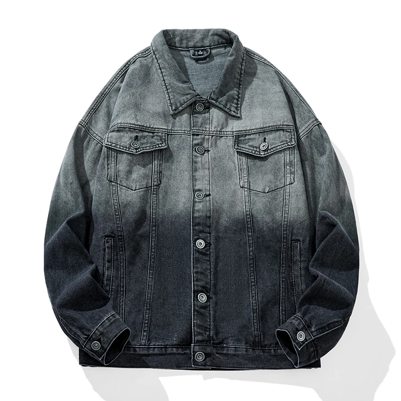 Latest Youth Custom Embroidery Washed Gray Denim Jackets for Men and Women Loose Fit Design Gradient Jean Jacket