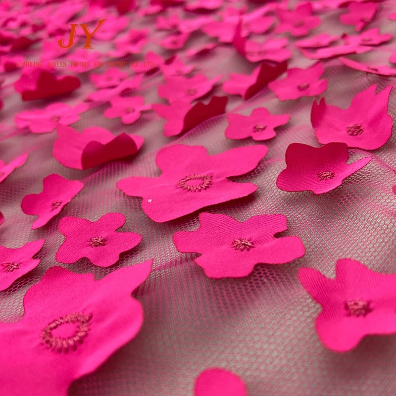 Newest Lady Lace Dress Design Fabric fushia Lace Fabric Beads With 3D Flower  Embroidery Lace Fabric