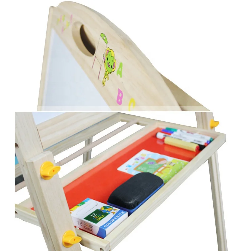 Early childhood double side chalkboard wooden art easel sets height adjustable standing easel magnetic white board painting toy