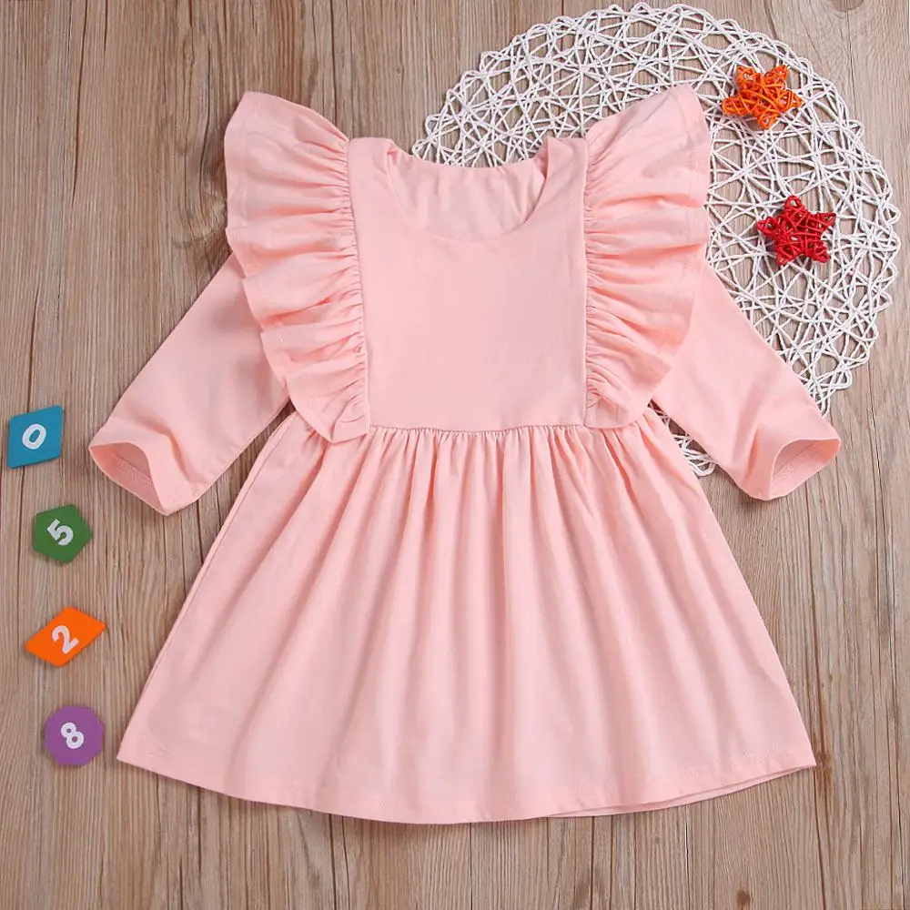 Wholesale fall new design children ruffle clothes girls solid 100% cotton baby girls dresses