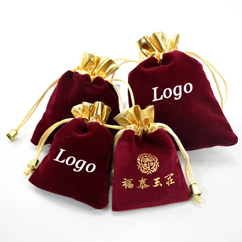 Custom Jewelry Bag Velvet Drawstring Jewelry Pouch Packaging Bag with Gold Thread