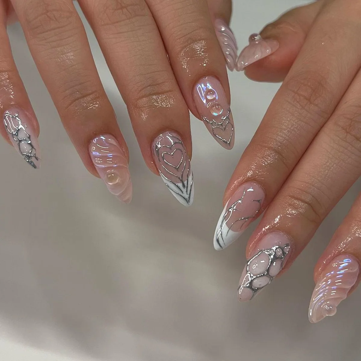 3d press on nails cool white aurora design almond short metallic feel french style art nails