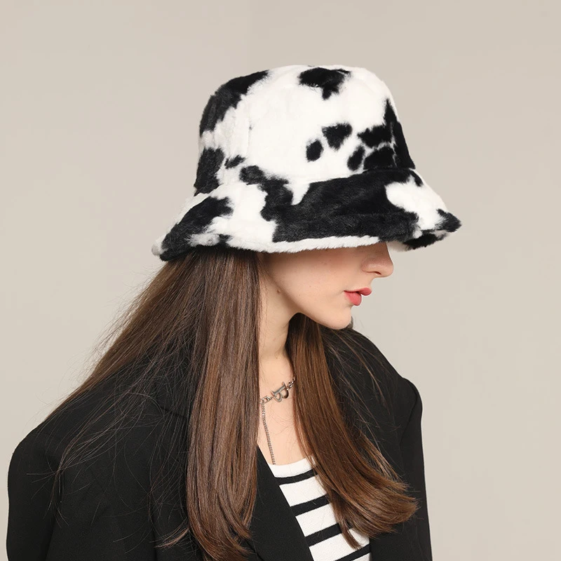 Wholesale Custom Cow Pattern Fuzzy Warm Fisherman Hat Winter Thickened Faux Rabbit Wool Fluffy Plush Bucket Hat