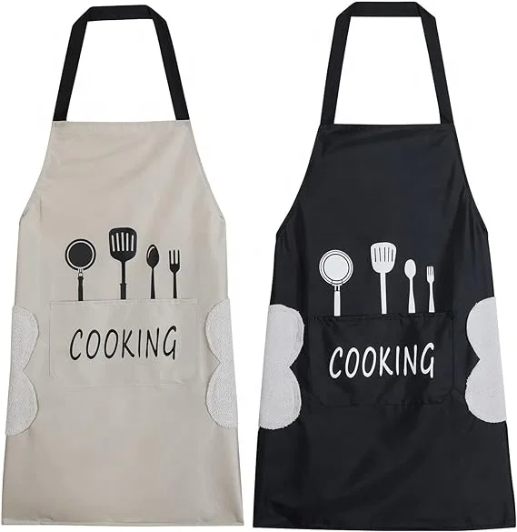 Kitchen Apron with Hand Wipe,Water-drop Resistant with 2 Pockets Cooking Bib Aprons for Women Men Chef
