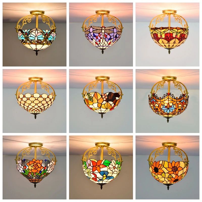 12 дюймов Латунь и стекло потолочный светильник очки Tiffanyceilinglamp витражный стиль Tifany лампы купол Тиффани