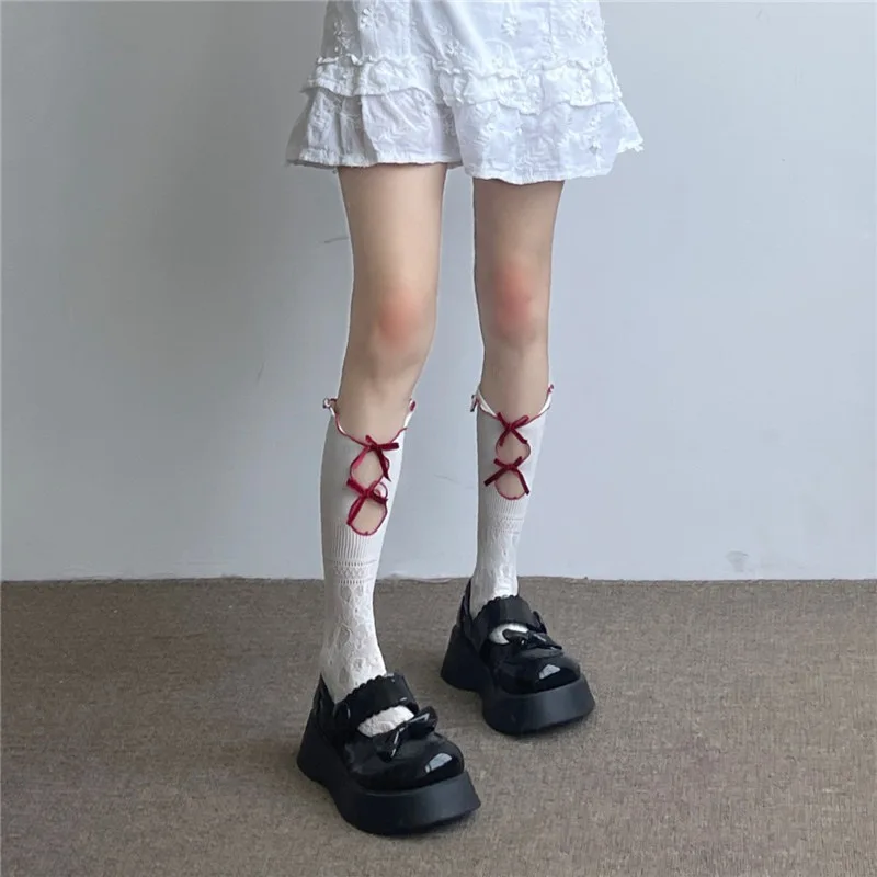 Japanese College Style Bow Knot Floral Pattern Medium Length Socks 8