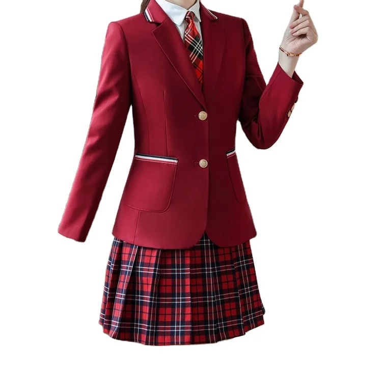 custom Japanese style school suit pleated short skirt white shirt and tuxedo jacket four piece set for girl