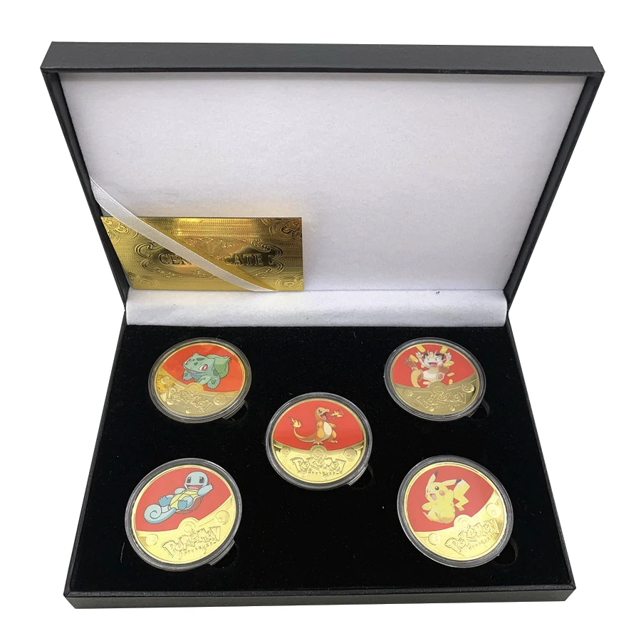 Colored Pikachu Pocket Animals Gold poke-mon Coins Collectible Japanese Anime Challenge Coins with nice Gift box for collection