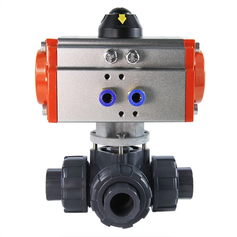 Automatic valve pneumatic actuator  ANSI DIN JIS  PVC DN25 true union gule pneumatic UPVC 3 way ball valve