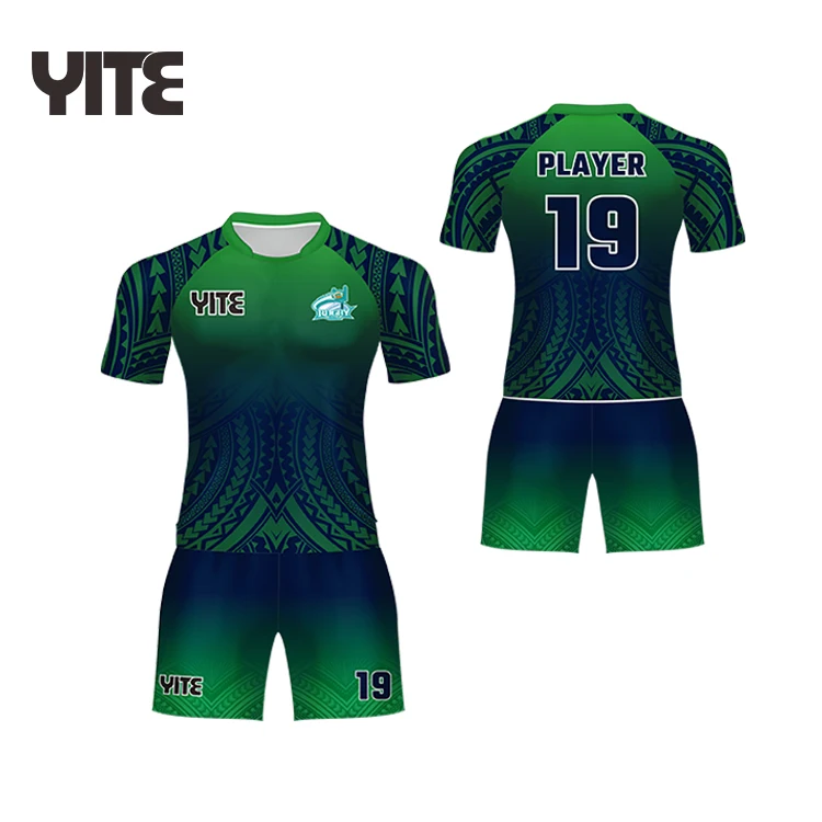 No MOQ Customized Tribal Designs Rugby Jerseys Sublimated Maori Patterns Green and Navy Rugby Uniform