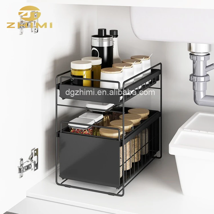 Stainless Steel 2-layer Home Sliding Basket Storage Holder Kitchen Spice Rack Bathroom Rack Book Rack