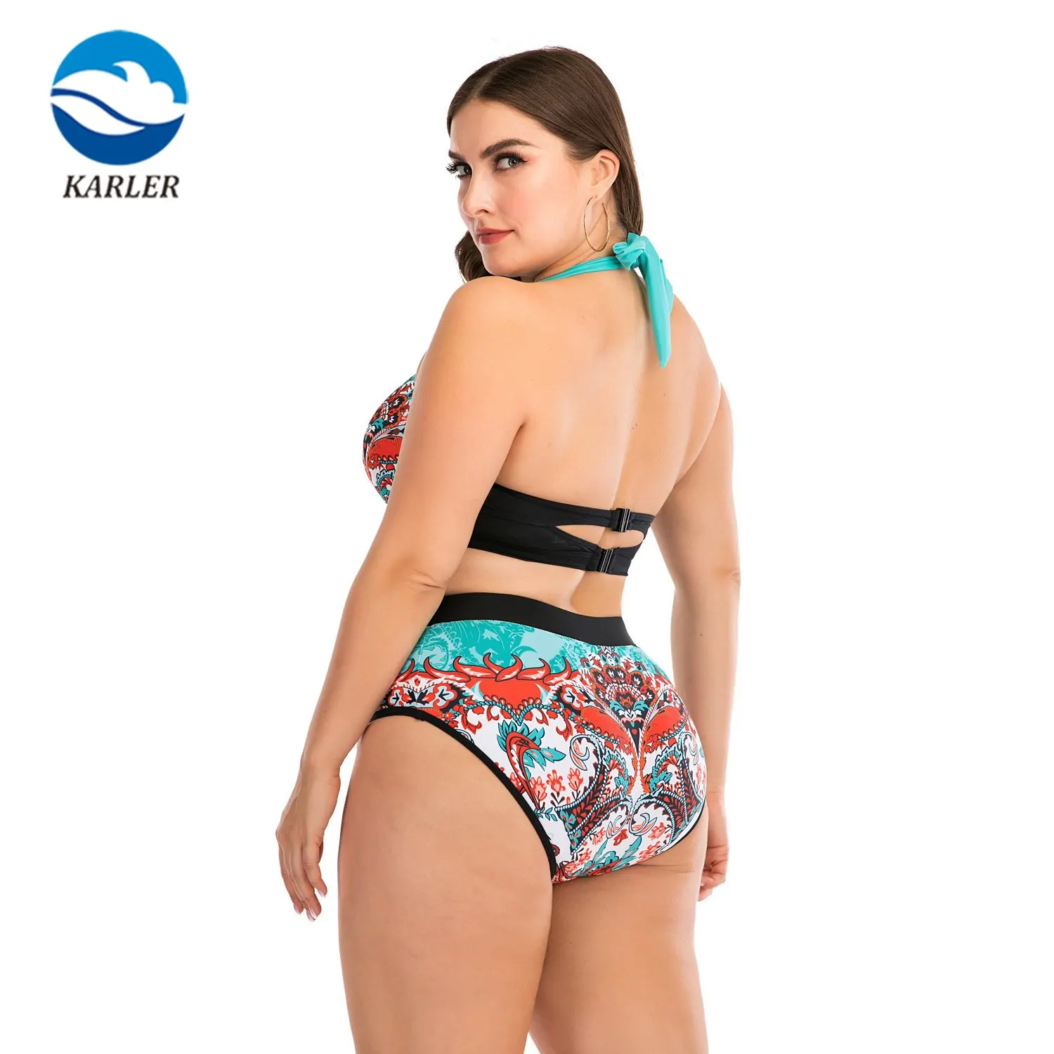 In Stock Women Beach Bikini Push Up Straps V Neck Two Pieces Retro Green Tie Back High Rise Female Plus Size Swimsuit