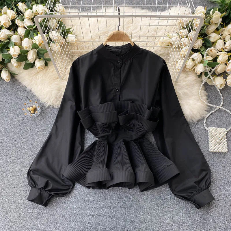 Customized spring long sleeved shirt women three-dimensional pleated ruffle edge waistband top women