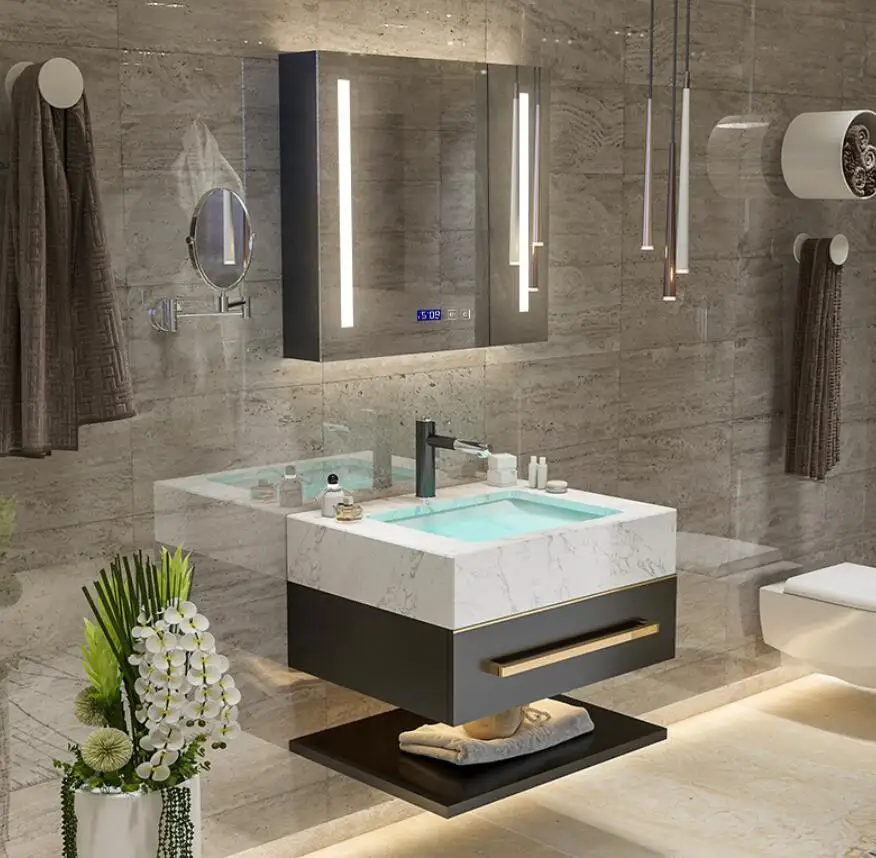 Modern solid wood acrylic surface bathroom furniture wall mounted double deck bathroom cabinet vanity with sink