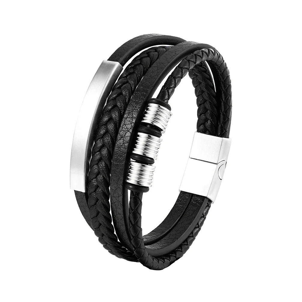 Fashion Multi Layer Woven Bracelet Gold And Black IP Plated Stainless Steel 316L Leather Bracelets For Men