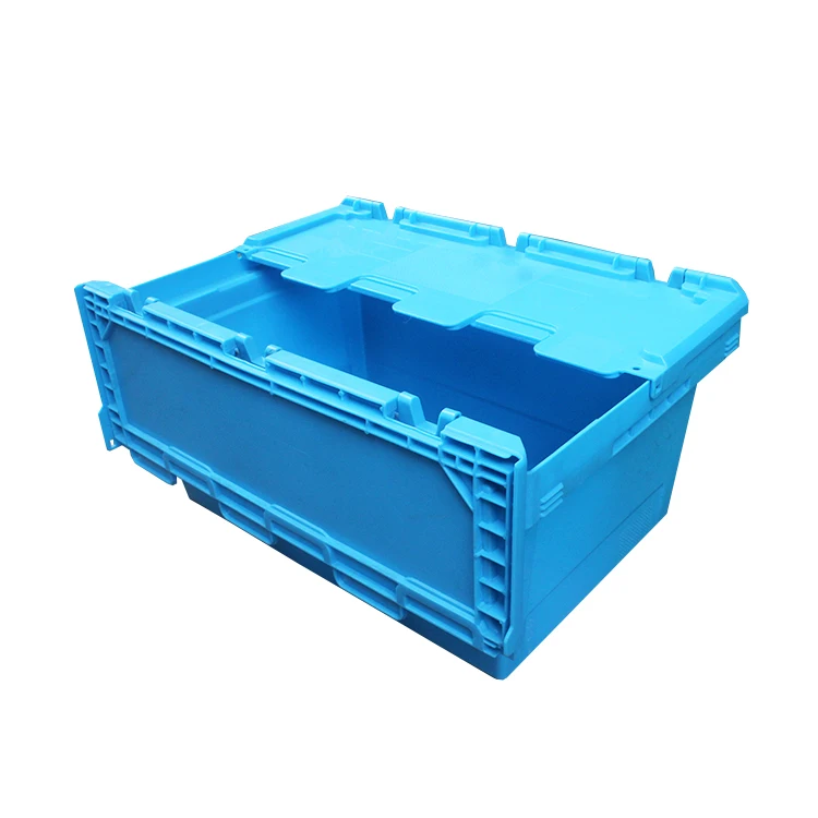 Large Storage Turnover Hinge attached lid Strong nestable stackable plastic Moving Tote Box for Supermarket