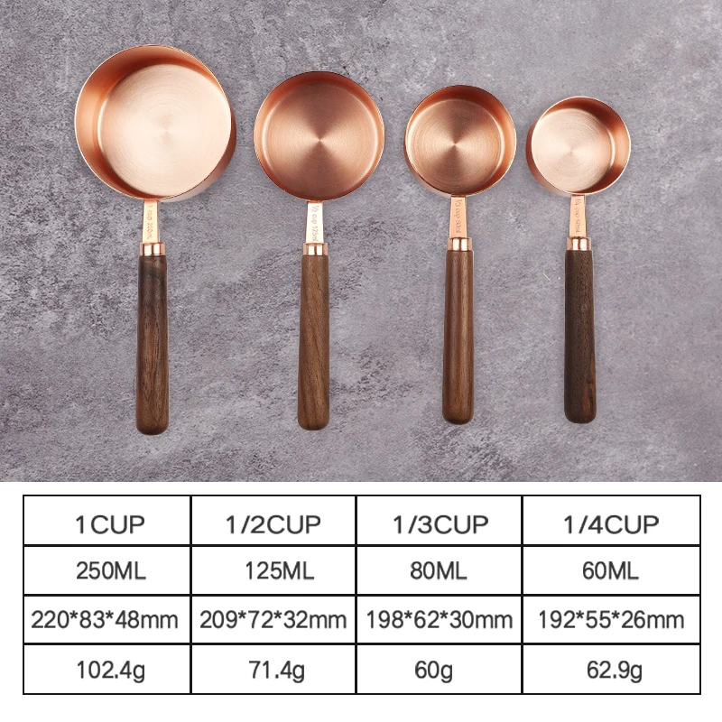 Набор мерных чашек и ложек с деревянной ручкой из орехового дерева покрытием розового золота