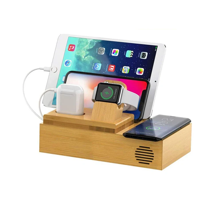 Удобная бамбуковая зарядная станция с 4 USB-портами может использоваться для нескольких устройств