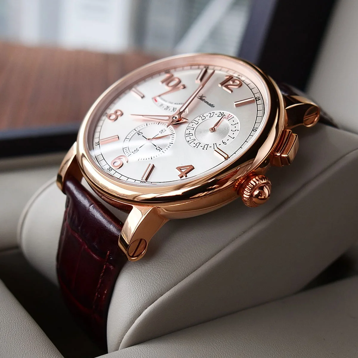 Luxury cow leather strap power show calendar small second hand men mechanical watches