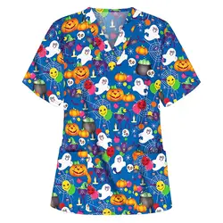 Cartoon Medical Uniforms Halloween Scrub Uniform Women Hospital Scrubs Top V Neck Nursing Shirt Short Dental Clinic Uniforms