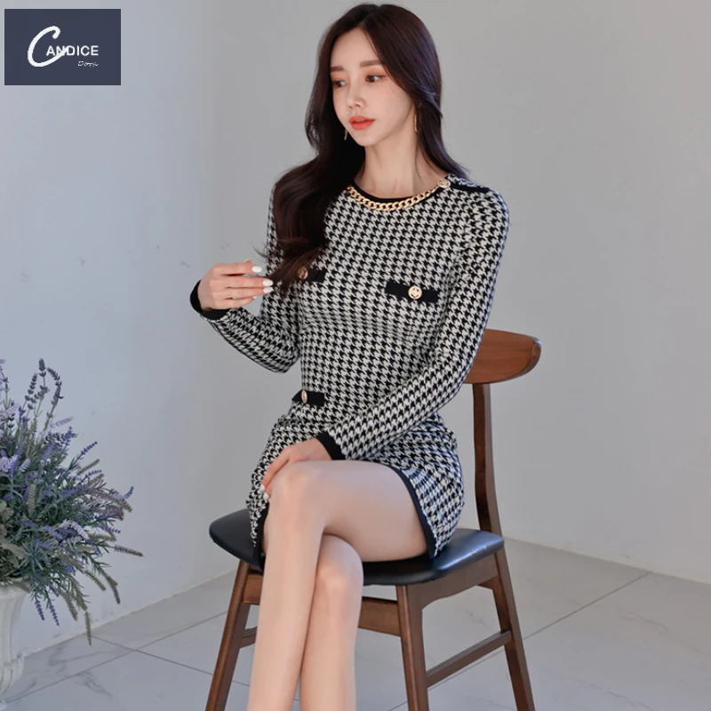 Candice fashion temperament chain korean style long sleeve mini houndstooth bodycon dress