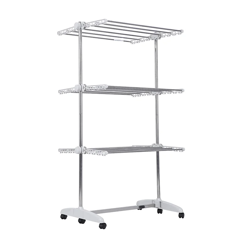 Luxury half foldable wings 3 tiers clothes drying rack with wheels space saving