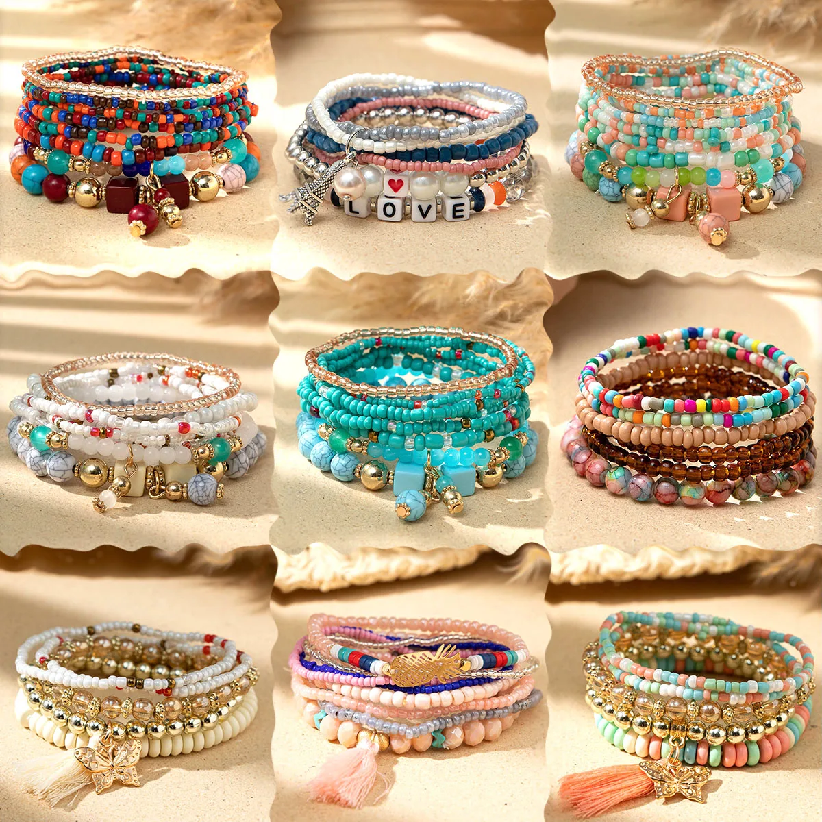 Boho Elastic Gold Plated Layered Crystal Pearl Seed Beaded Butterfly Bracelet Women Turquoise Shell Bracelet For Gift