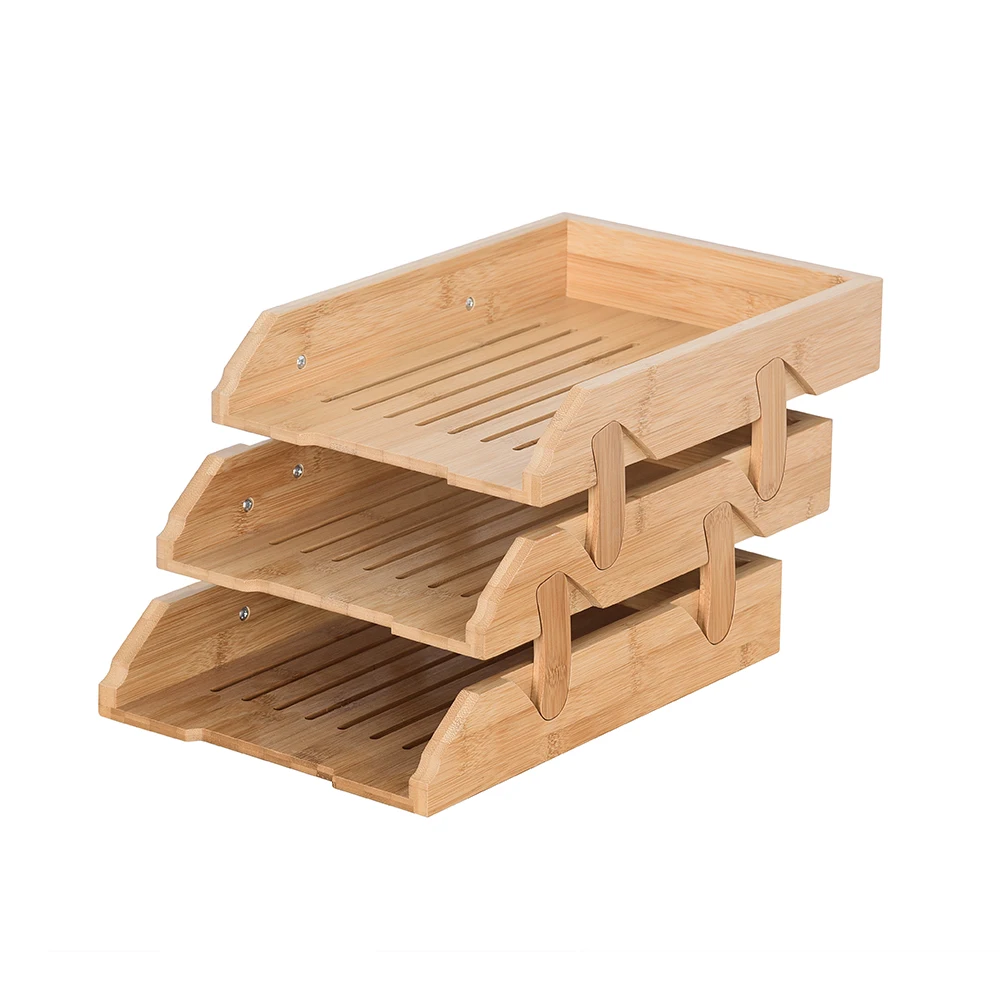 3 Tiers Bamboo Desktop File Organizer Letter Tray Holder Office Paper File Trays
