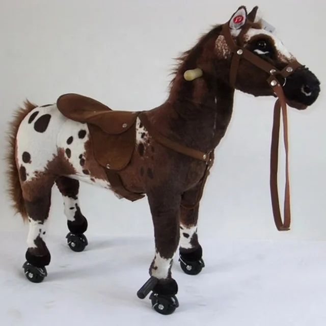 new arrival plush mechanical walking horse with wheel plush ride on horse toy