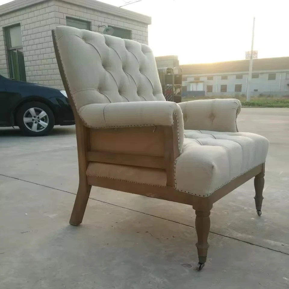 French country style oak wood frame linen upholstery leisure chair retro tufted arm chair wooden furniture for living room