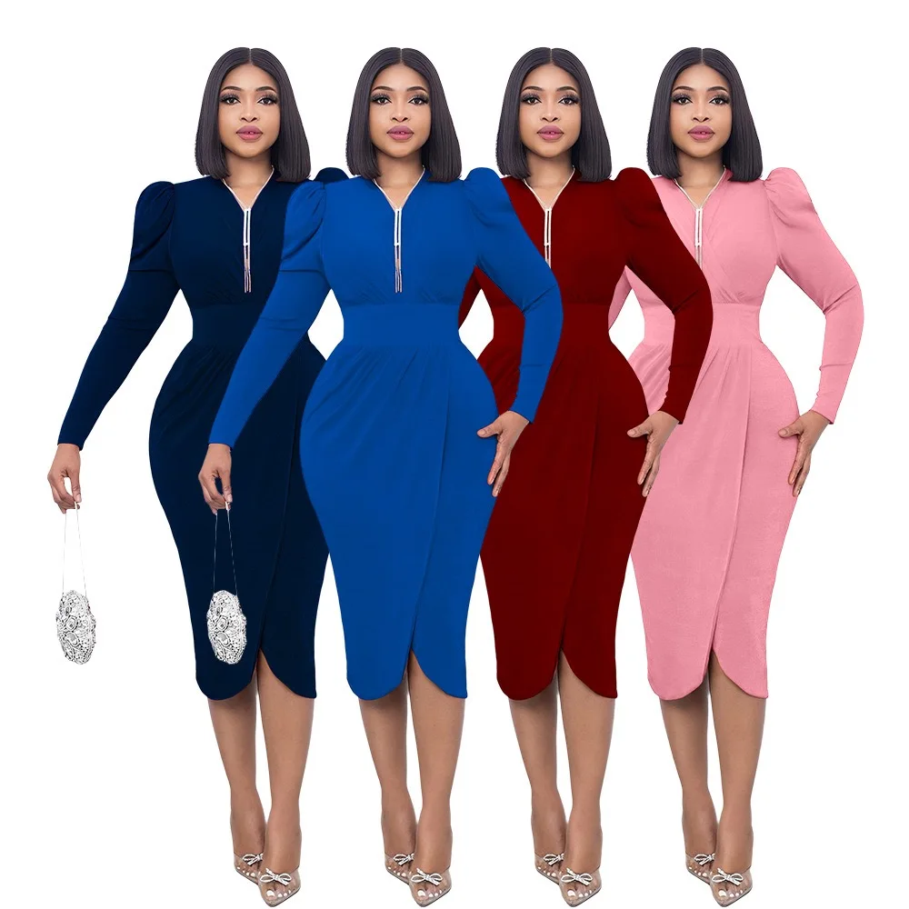 BOBOYU hot selling long sleeve elegant casual dress Turkey African party dress women clothes sexy v neck slim fit office dress