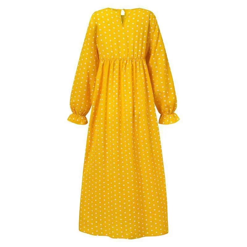 Malaysia Dubai Ramadan Party Ruffle Polka Dot Print Muslim Maxi Dress Casual Robe Islamic clothing dresses