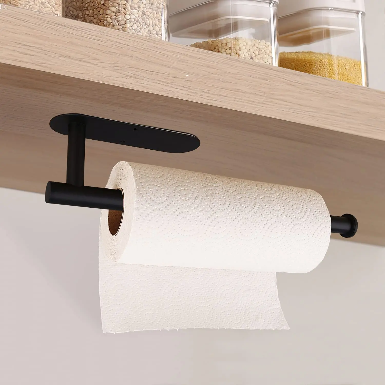 Stainless Steel No Drilling Bathroom Cabinet Under Tissue Holder Large Capacity Kitchen 3m Adhesive Paper Towel Holder Black