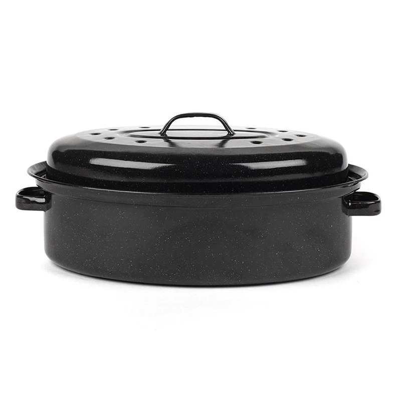 OEM  34cm 41cm 42cm 44cm outdoor camping cookware red Enamelware Chicken Fish Turkey enamel steel Oval roaster pot with lid