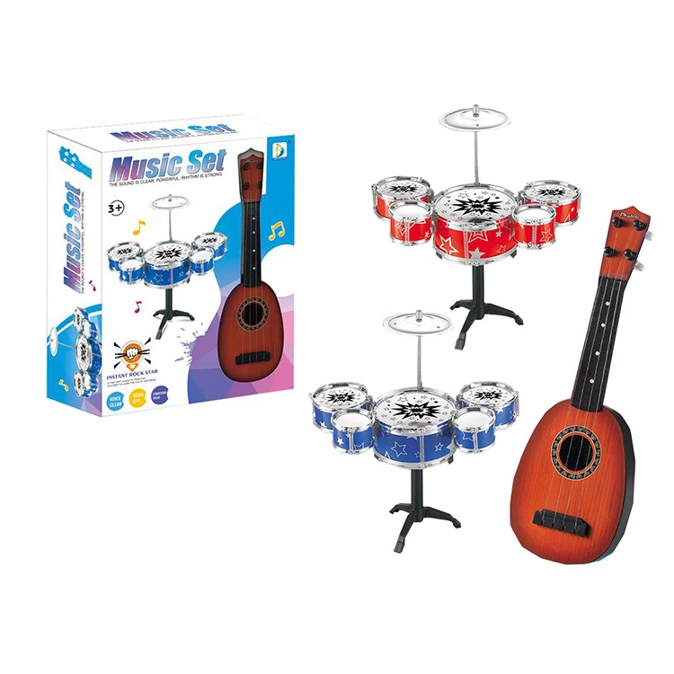Kids percussion instrument toy plastic simulation electroplate jazz drum set with guitar