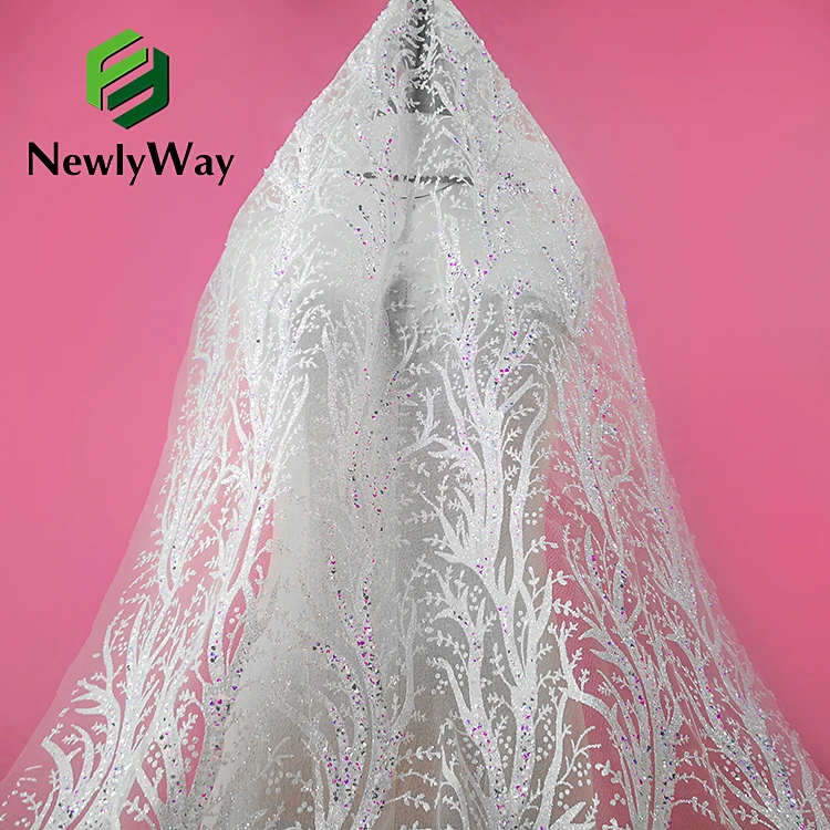 2021 Dubai Crystal Lace Sweetheart Luxury Mermaid Sequins Glitter Embroidered Lace Tulle Fabric For Bridal Wedding Dresses