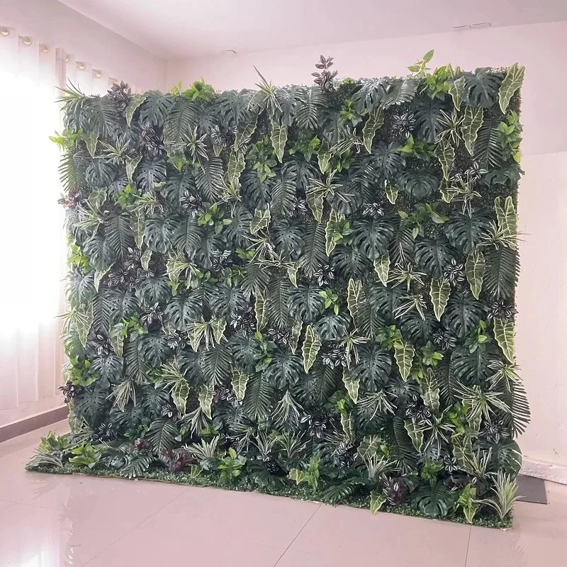 L-GPFW Custom Wedding decor silk flower plant leaves grass walls artificial flowers cloth base roll up faux greenery wall
