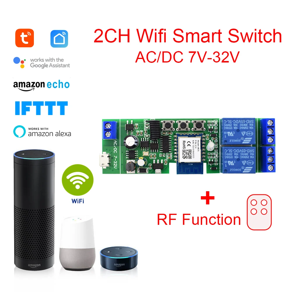 2CH Tuya Smart Remote Control Wireless Wifi Switch Module AC DC7-32V RF Receiver 10A Wifi Relay DIY