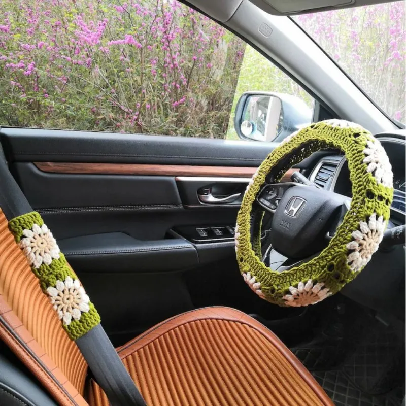 Handmade Crocheted Floret Decorative Car Steering Wheel Cover Non-Slip Safety Belt Cover Cross-Border Unisex Interior