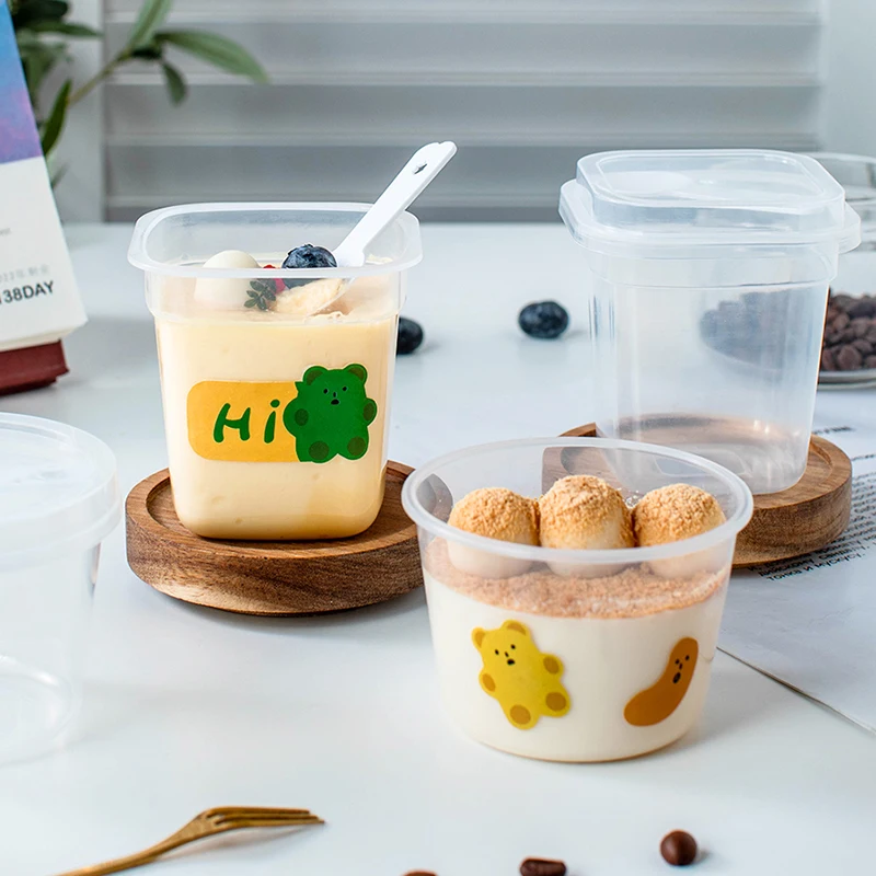 Disposable Dessert Cup Tableware Plastic Thickened Square With Stickers Lid And Spoon Yogurt Pudding Cake Food Packaging Tool
