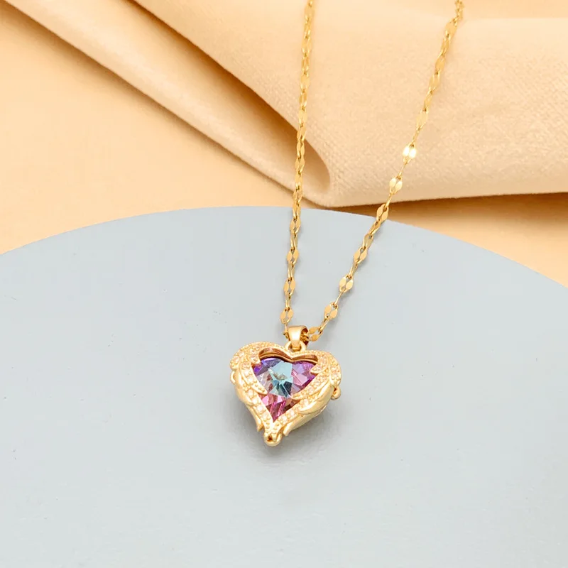 Luxury Zircon Ocean Heart Pendant Necklace Fashion Stainless Steel Neck Chain Valentines Day Tassel for Women