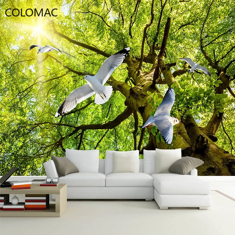 Custom 3D Photo Wallpaper Nature Landscape Sunlight Green Tree Pigeon Restaurant Living Room Peel and Stick Wallpaper Parede 3D