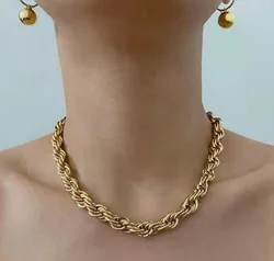 7mm Hip Hop 18K Gold Plated Stainless Steel Thick Twisted Rope Chain Choker Necklaces For Women
